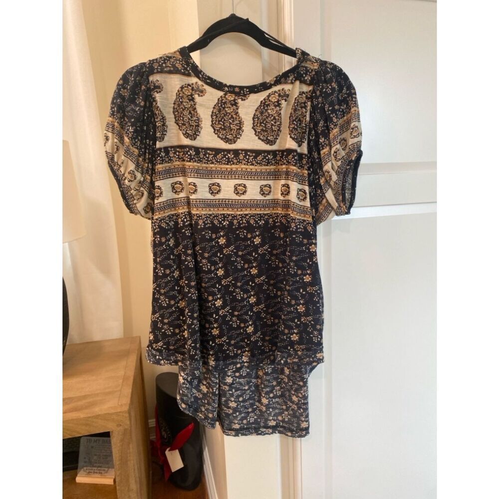 Free People Navy & Cream Paisley Mixed-Print Short Sleeve Top